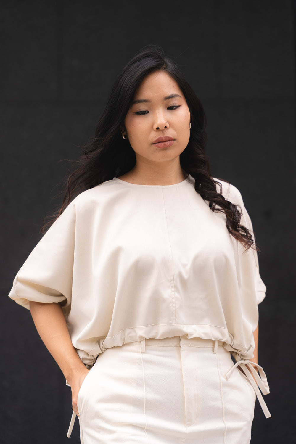 Drawstring Cropped Blouse- Cream